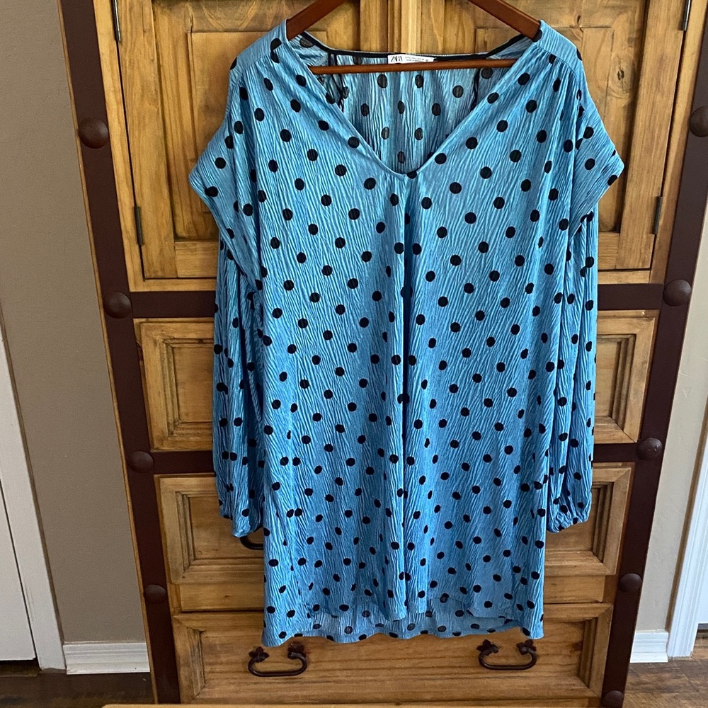 Zara Teal Top with Black Polka Dots
